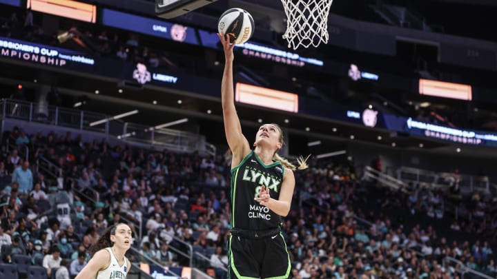 Jun 25, 2024; Belmont Park, New York, USA; Minnesota Lynx forward Alanna Smith (8) drives to the basket against the New York Liberty in the first quarter of the Commissioner’s Cup Championship game at UBS Arena. Mandatory Credit: Wendell Cruz-USA TODAY Sports