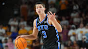 Feb 26, 2025; Tempe, Arizona, USA; Brigham Young Cougars guard Egor Demin (3) controls the ball against the Arizona State Sun Devils at Desert Financial Arena. Mandatory Credit: Joe Camporeale-Imagn Images
