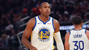 Oct 5, 2025; San Francisco, California, USA; Golden State Warriors center-forward Al Horford (20) waits for action to resume in the first quarter against the Los Angeles Lakers at Chase Center. Mandatory Credit: David Gonzales-Imagn Images