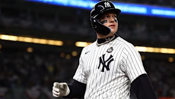 Oct 29, 2024; Bronx, New York, USA; New York Yankees outfielder Alex Verdugo (24) reacts after hitting a sacrifice RBI against the Los Angeles Dodgers in the second inning during game four of the 2024 MLB World Series at Yankee Stadium. Mandatory Credit: Vincent Carchietta-Imagn Images