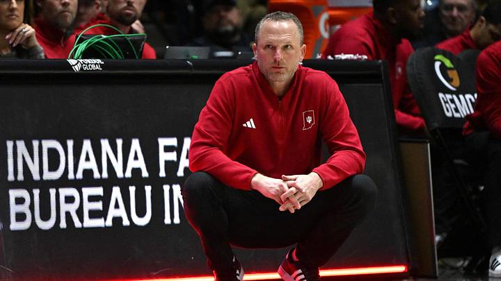 Feb 20, 2026; West Lafayette, Indiana, USA; Indiana Hoosiers head coach Darian Devries during the second half against the Purdue Boilermakers at Mackey Arena. Mandatory Credit: Marc Lebryk-Imagn Images