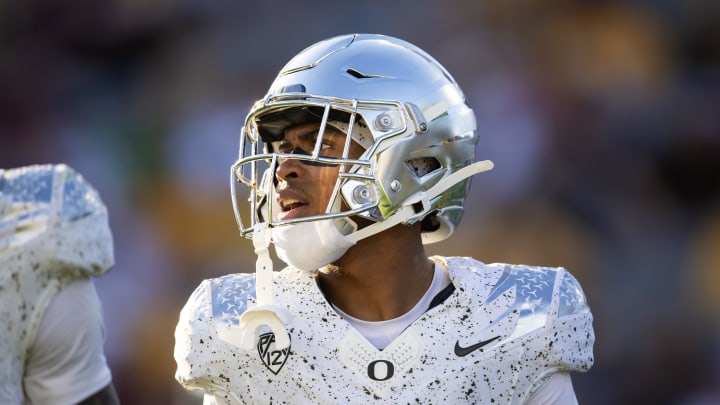 Nov 18, 2023; Tempe, Arizona, USA; Oregon Ducks wide receiver Gary Bryant Jr. (2) against the Arizona State Sun Devils at Mountain America Stadium. Mandatory Credit: Mark J. Rebilas-USA TODAY Sports