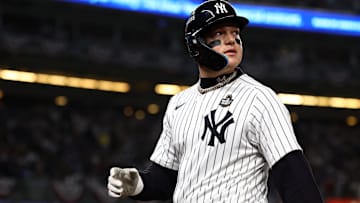 Oct 29, 2024; Bronx, New York, USA; New York Yankees outfielder Alex Verdugo (24) reacts after hitting a sacrifice RBI against the Los Angeles Dodgers in the second inning during game four of the 2024 MLB World Series at Yankee Stadium. Mandatory Credit: Vincent Carchietta-Imagn Images