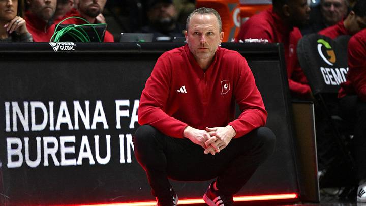 Feb 20, 2026; West Lafayette, Indiana, USA; Indiana Hoosiers head coach Darian Devries during the second half against the Purdue Boilermakers at Mackey Arena. Mandatory Credit: Marc Lebryk-Imagn Images