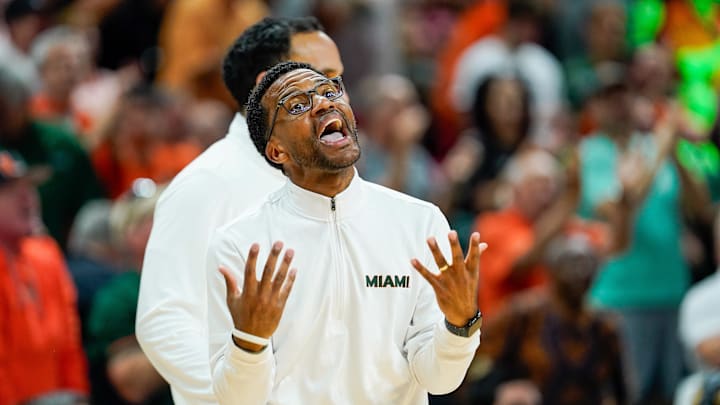 Mar 7, 2026; Coral Gables, Florida, USA; Miami Hurricanes head coach Jai Lucas reacts in a game against the Louisville Cardinals during the second half at Watsco Center. Mandatory Credit: Jeff Romance-Imagn Images