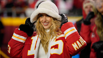 Brittany Mahomes in attendance during the first half of the 2024 AFC wild card game at GEHA Field at Arrowhead Stadium.
