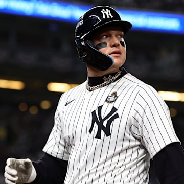 Oct 29, 2024; Bronx, New York, USA; New York Yankees outfielder Alex Verdugo (24) reacts after hitting a sacrifice RBI against the Los Angeles Dodgers in the second inning during game four of the 2024 MLB World Series at Yankee Stadium. Mandatory Credit: Vincent Carchietta-Imagn Images