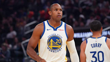 Oct 5, 2025; San Francisco, California, USA; Golden State Warriors center-forward Al Horford (20) waits for action to resume in the first quarter against the Los Angeles Lakers at Chase Center. Mandatory Credit: David Gonzales-Imagn Images