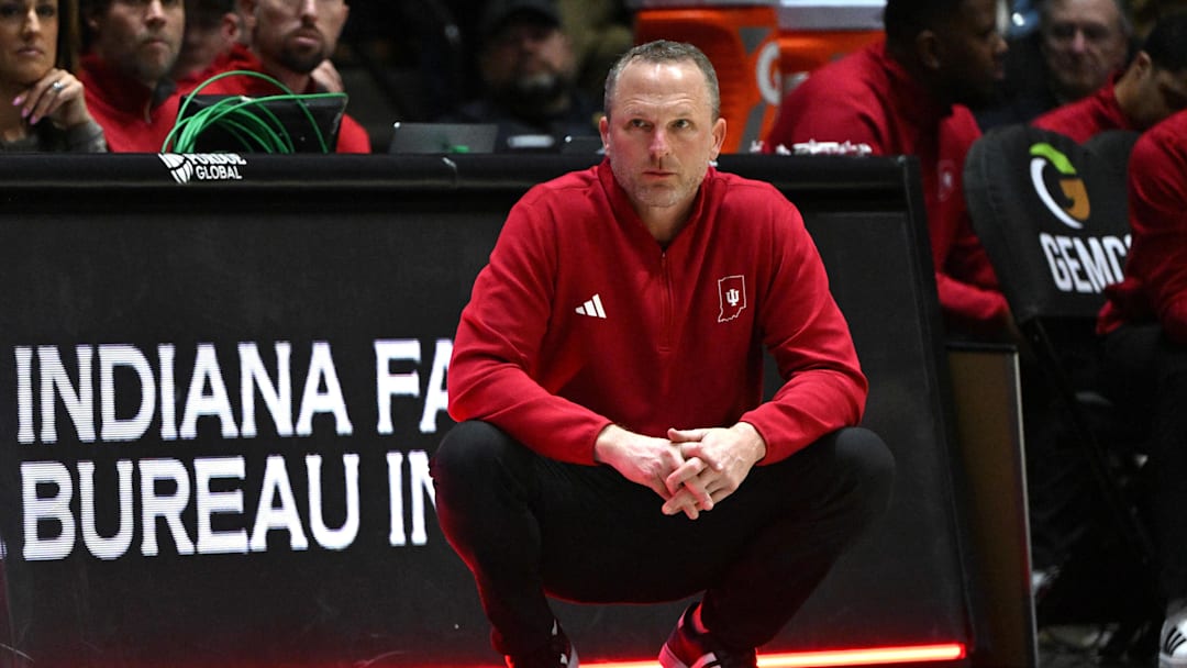 Feb 20, 2026; West Lafayette, Indiana, USA; Indiana Hoosiers head coach Darian Devries during the second half against the Purdue Boilermakers at Mackey Arena. Mandatory Credit: Marc Lebryk-Imagn Images