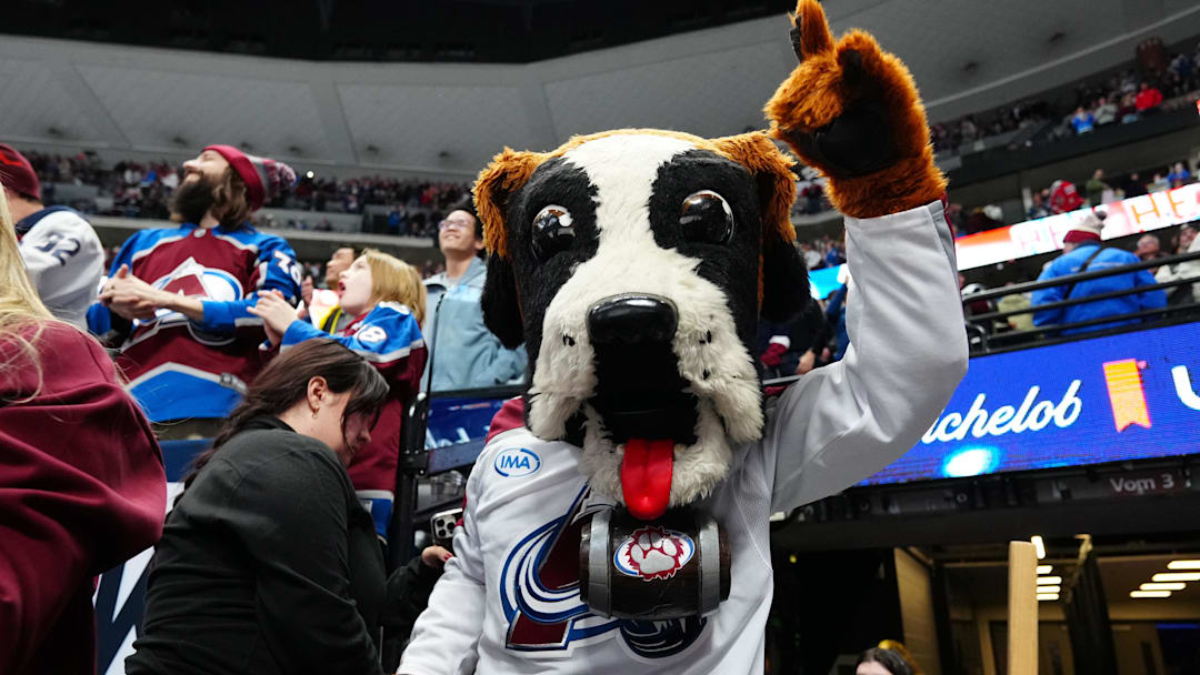 Dec 29, 2025; Denver, Colorado, USA; Colorado Avalanche mascot Bernie celebrates defeating the Los Angeles Kings  at Ball Arena. Mandatory Credit: Ron Chenoy-Imagn Images