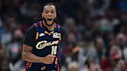 Nov 30, 2025; Cleveland, Ohio, USA; Cleveland Cavaliers guard Darius Garland (10) celebrates after making a three point basket during the first half at Rocket Arena. Mandatory Credit: David Dermer-Imagn Images