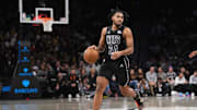 Oct 29, 2024; Brooklyn, New York, USA; Brooklyn Nets small guard Cam Thomas (24) dribbles the ball against the Denver Nuggets during the second half at Barclays Center. Mandatory Credit: Gregory Fisher-Imagn Images