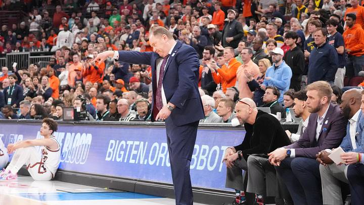 Mar 13, 2026; Chicago, IL, USA; Wisconsin Badgers head coach Greg Gard gestures to his team against the Illinois Fighting Illini during the second half at United Center. Mandatory Credit: David Banks-Imagn Images