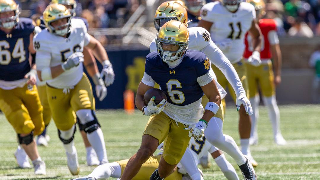 Apr 25, 2026; Notre Dame, IN, USA; Notre Dame Fighting Irish wide receiver Jordan Faison (6) runs with the ball during the Blue-Gold game at Notre Dame Stadium. Mandatory Credit: Michael Caterina-Imagn Images Apr 25, 2026; Notre Dame, IN, USA; Notre Dame Fighting Irish wide receiver Jordan Faison (6) runs with the ball during the Blue-Gold game at Notre Dame Stadium. Mandatory Credit: Michael Caterina-Imagn Images