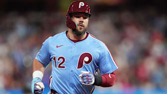 Philadelphia Phillies DH Kyle Schwarber rounds the bases after hitting a two-run home run against the Atlanta Braves.