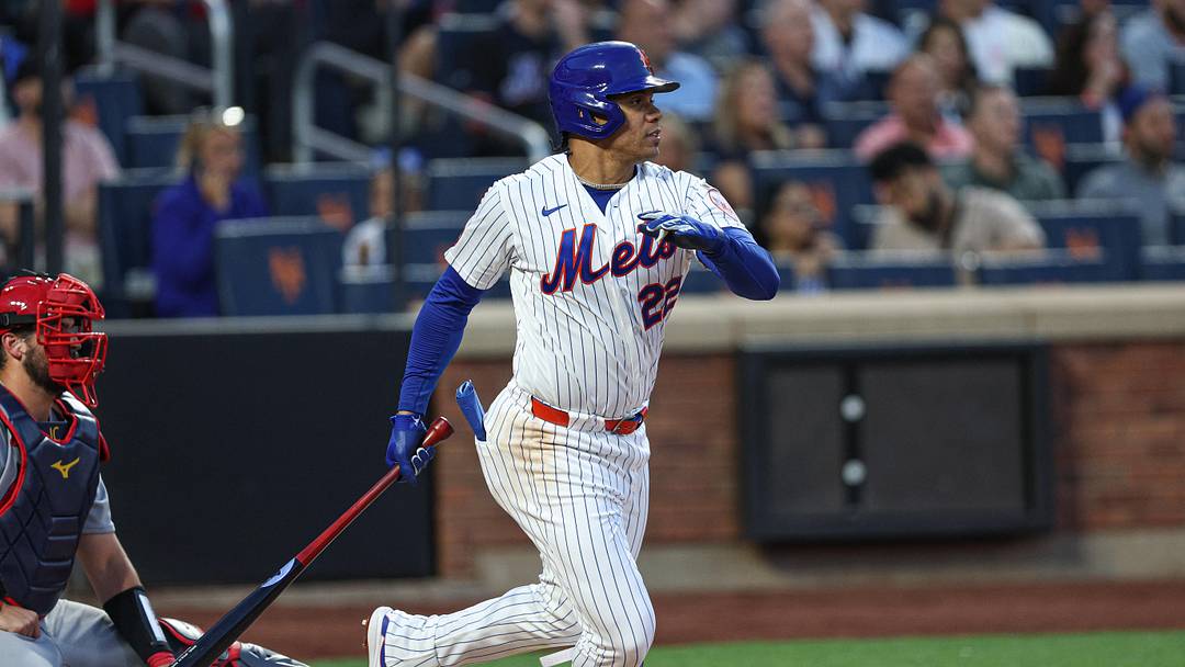 Jun 9, 2026; New York City, New York, USA; New York Mets left fielder Juan Soto (22) singles during the fourth inning against the St. Louis Cardinals at Citi Field. Mandatory Credit: Vincent Carchietta-Imagn Images