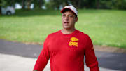 Jul 22, 2025; St. Joseph, MO, USA; Kansas City Chiefs general manager Brett Veach walks down the hill to the fields during training camp at Missouri Western State University. Mandatory Credit: Denny Medley-Imagn Images