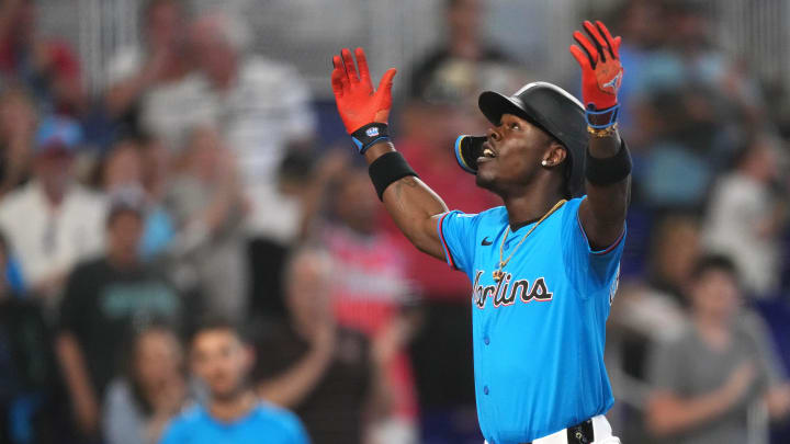 Apr 28, 2024; Miami, Florida, USA;  Miami Marlins center fielder Jazz Chisholm Jr. (2) celebrates a grand slam in the first inning against the Washington Nationals at loanDepot Park. Mandatory Credit: Jim Rassol-USA TODAY Sports