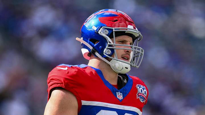 Sep 8, 2024; East Rutherford, New Jersey, USA; New York Giants tight end Daniel Bellinger (82) during the second half against the Minnesota Vikings at MetLife Stadium. Mandatory Credit: John Jones-Imagn Images