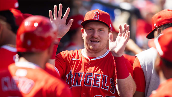 Mar 19, 2024; Tempe, Arizona, USA; Los Angeles Angels catcher Chad Wallach against the Cincinnati Reds during a spring training game at Tempe Diablo Stadium. Mandatory Credit: Mark J. Rebilas-USA TODAY Sports Mar 19, 2024; Tempe, Arizona, USA; Los Angeles Angels catcher Chad Wallach against the Cincinnati Reds during a spring training game at Tempe Diablo Stadium. Mandatory Credit: Mark J. Rebilas-USA TODAY Sports
