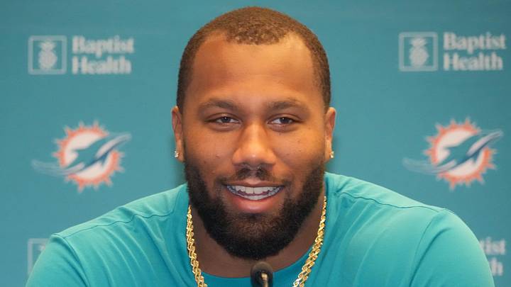 Nov 12, 2025; Madrid, Spain; Miami Dolphins linebacker Bradley Chubb at press conference at Estadio Riyadh Air Metropolitano. Mandatory Credit: Kirby Lee-Imagn Images