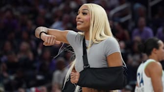 Minnesota Lynx guard-forward DiJonai Carrington (3) signals to the referee from the bench in the second quarter against the Golden State Valkyries at Chase Center. 