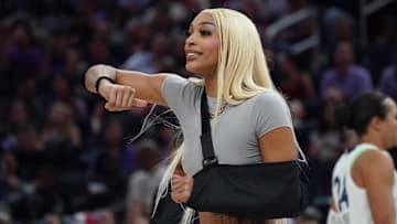 Minnesota Lynx guard-forward DiJonai Carrington (3) signals to the referee from the bench in the second quarter against the Golden State Valkyries at Chase Center. 