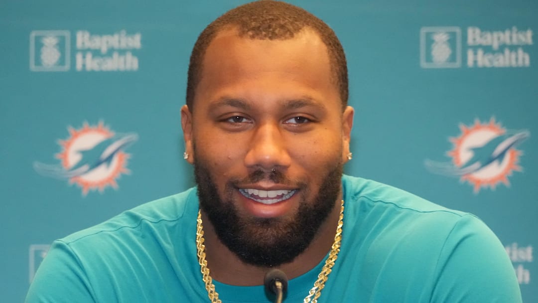 Miami Dolphins linebacker Bradley Chubb at a press conference at Estadio Riyadh Air Metropolitano.