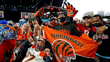 Apr 29, 2021; Cleveland, Ohio, USA; Cincinnati Bengals fans cheer before the 2021 NFL Draft at First