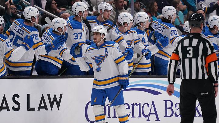 Mar 6, 2026; San Jose, California, USA; St. Louis Blues center Robert Thomas (18) is congratulated by teammates after scoring a goal against the San Jose Sharks in the second period at SAP Center at San Jose. Mandatory Credit: David Gonzales-Imagn Images