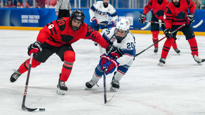 Jan 30, 2024; Gangwon-do, KOR; Tyler Martyniuk (USA) challenges Markus Ruck (CAN) in the Ice Hockey Men s 6-on-6 Tournament Semifinals between Canada and (USA) at the Gangneung Hockey Centre. The Winter Youth Olympic Games, Gangwon, South Korea, Tuesday 30 January 2024. Mandatory Credit: OIS/Thomas Lovelock-USA TODAY Sports