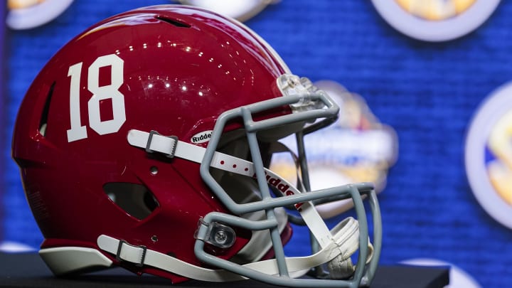 Jul 19, 2022; Atlanta, GA, USA; The Alabama helmet on the stage during the SEC Media Days at the College Football Hall of Fame. Mandatory Credit: Dale Zanine-USA TODAY Sports Jul 19, 2022; Atlanta, GA, USA; The Alabama helmet on the stage during the SEC Media Days at the College Football Hall of Fame. Mandatory Credit: Dale Zanine-USA TODAY Sports