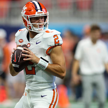 Aug 31, 2024; Atlanta, Georgia, USA; Clemson Tigers quarterback Cade Klubnik (2) warms up before a game against the Georgia Bulldogs at Mercedes-Benz Stadium.