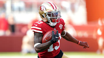 Aug 14, 2021; Santa Clara, California, USA; San Francisco 49ers wide receiver Richie James (13) returns a kick during the first quarter against the Kansas City Chiefs at Levi's Stadium. Mandatory Credit: Darren Yamashita-Imagn Images