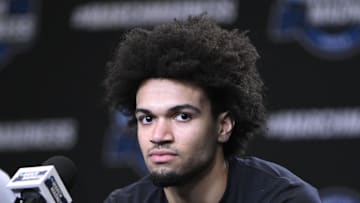 Mar 26, 2025; San Francisco, CA, USA; Maryland Terrapins guard Ja'Kobi Gillespie (0) addresses the media in a press conference during NCAA Tournament West Regional Practice at Chase Center. Mandatory Credit: Eakin Howard-Imagn Images