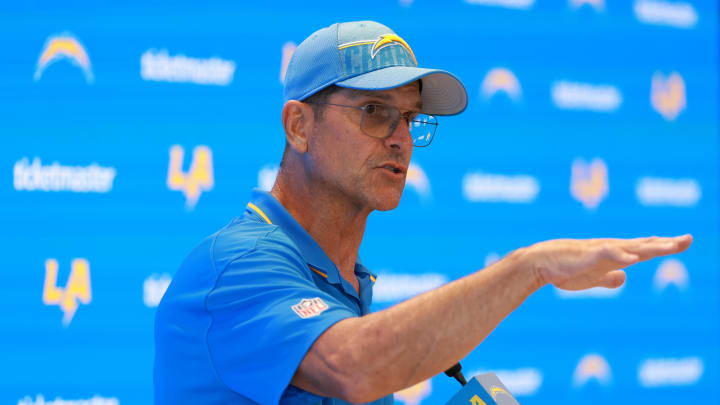 Jul 24, 2024; El Segundo, CA, USA;  Los Angeles Chargers head coach Jim Harbaugh speaks to the media after the first day of training camp at The Bolt. Mandatory Credit: Kiyoshi Mio-USA TODAY Sports