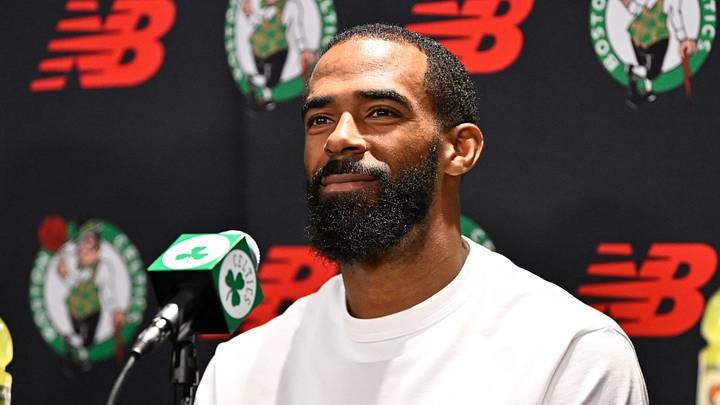 September 15, 2026; Boston, Massachusetts, USA; Boston Celtics guard Mike Conley (45) speaks during a press conference at The Auerbach Center at Boston Landing. Mandatory Credit: Eric Canha-Imagn Images