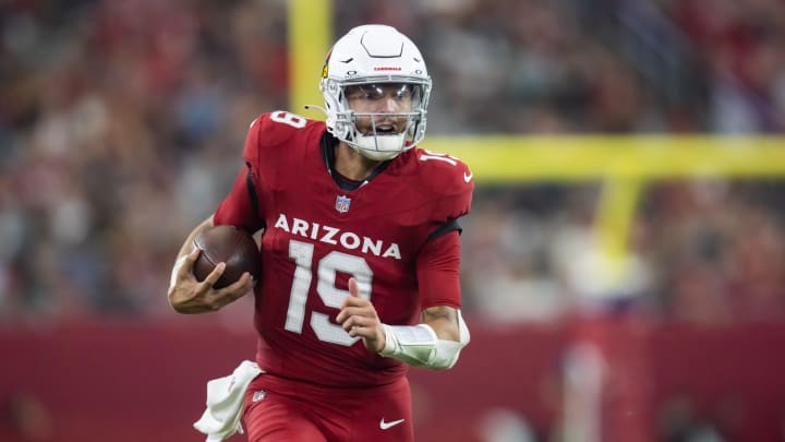 Aug 10, 2024; Glendale, Arizona, USA; Arizona Cardinals quarterback Desmond Ridder (19) against the New Orleans Saints during a preseason NFL game at State Farm Stadium. Mandatory Credit: Mark J. Rebilas-USA TODAY Sports
