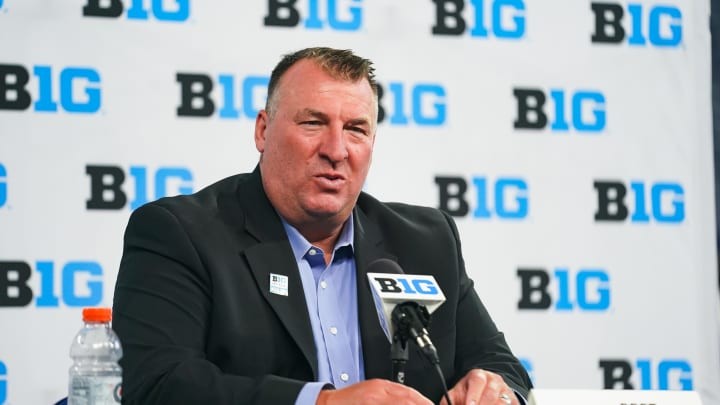 Jul 26, 2023; Indianapolis, IN, USA; Illinois Fighting Illini head coach Bret Bielema speaks to the media during the Big 10 football media day at Lucas Oil Stadium. Mandatory Credit: Robert Goddin-USA TODAY Sports