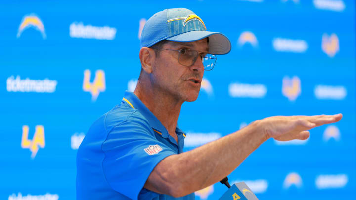 Jul 24, 2024; El Segundo, CA, USA;  Los Angeles Chargers head coach Jim Harbaugh speaks to the media after the first day of training camp at The Bolt. Mandatory Credit: Kiyoshi Mio-USA TODAY Sports