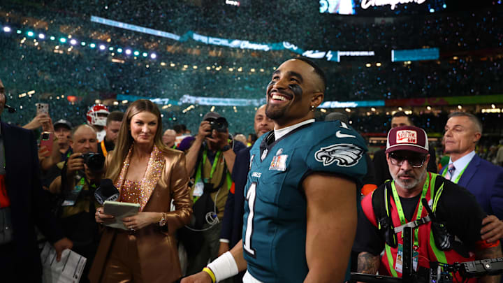 Philadelphia Eagles quarterback Jalen Hurts celebrates after defeating the Kansas City Chiefs in Super Bowl LIX.