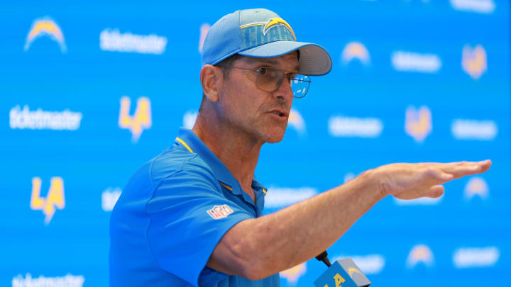 Chargers coach Jim Harbaugh speaks to the media after the first day of training camp at The Bolt. 