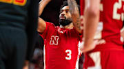 Feb 13, 2025; Lincoln, Nebraska, USA; Nebraska Cornhuskers guard Brice Williams (3) shoots a free throw during the first half against the Maryland Terrapins at Pinnacle Bank Arena.