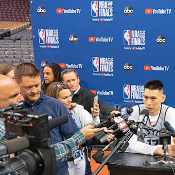 May 29, 2019; Toronto, Ontario, CAN; Toronto Raptors guard Jeremy Lin (17) speaks during media day for the 2019 NBA Finals at Scotiabank Arena. Mandatory Credit: Kyle Terada-Imagn Images