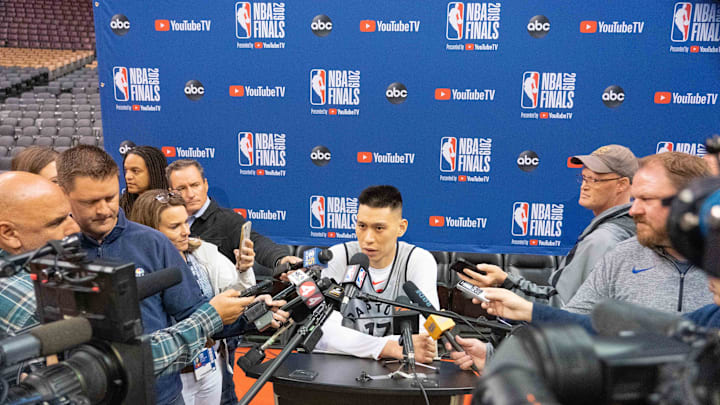 May 29, 2019; Toronto, Ontario, CAN; Toronto Raptors guard Jeremy Lin (17) speaks during media day for the 2019 NBA Finals at Scotiabank Arena. Mandatory Credit: Kyle Terada-Imagn Images