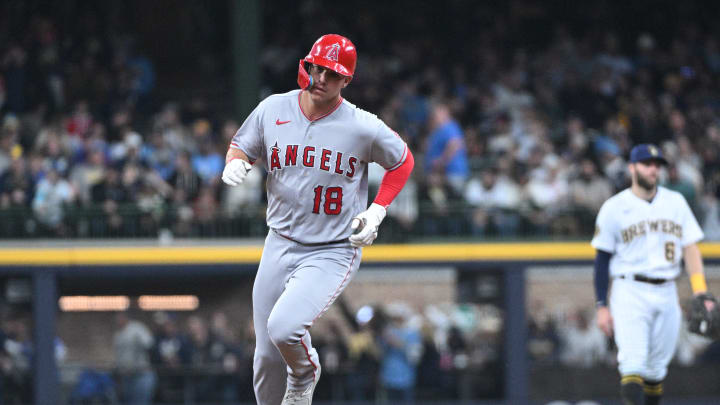 Apr 30, 2023; Milwaukee, Wisconsin, USA; Los Angeles Angels first baseman Jake Lamb (18) rounds the bases after hitting a home run against the Milwaukee Brewers in the second inning at American Family Field. Mandatory Credit: Michael McLoone-USA TODAY Sports