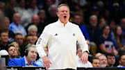 Feb 24, 2025; Boulder, Colorado, USA; Kansas Jayhawks head coach Bill Self calls out in the first half against the Colorado Buffaloes at the CU Events Center. Mandatory Credit: Ron Chenoy-Imagn Images