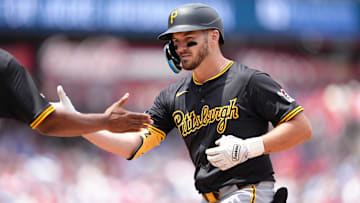 May 18, 2025; Philadelphia, Pennsylvania, USA; Pittsburgh Pirates infielder Spencer Horwitz (2) reacts after hitting a single against the Philadelphia Phillies in the first inning at Citizens Bank Park. Mandatory Credit: Kyle Ross-Imagn Images