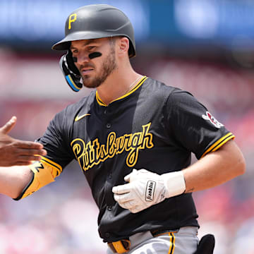 May 18, 2025; Philadelphia, Pennsylvania, USA; Pittsburgh Pirates infielder Spencer Horwitz (2) reacts after hitting a single against the Philadelphia Phillies in the first inning at Citizens Bank Park. Mandatory Credit: Kyle Ross-Imagn Images