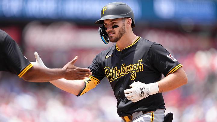 May 18, 2025; Philadelphia, Pennsylvania, USA; Pittsburgh Pirates infielder Spencer Horwitz (2) reacts after hitting a single against the Philadelphia Phillies in the first inning at Citizens Bank Park. Mandatory Credit: Kyle Ross-Imagn Images